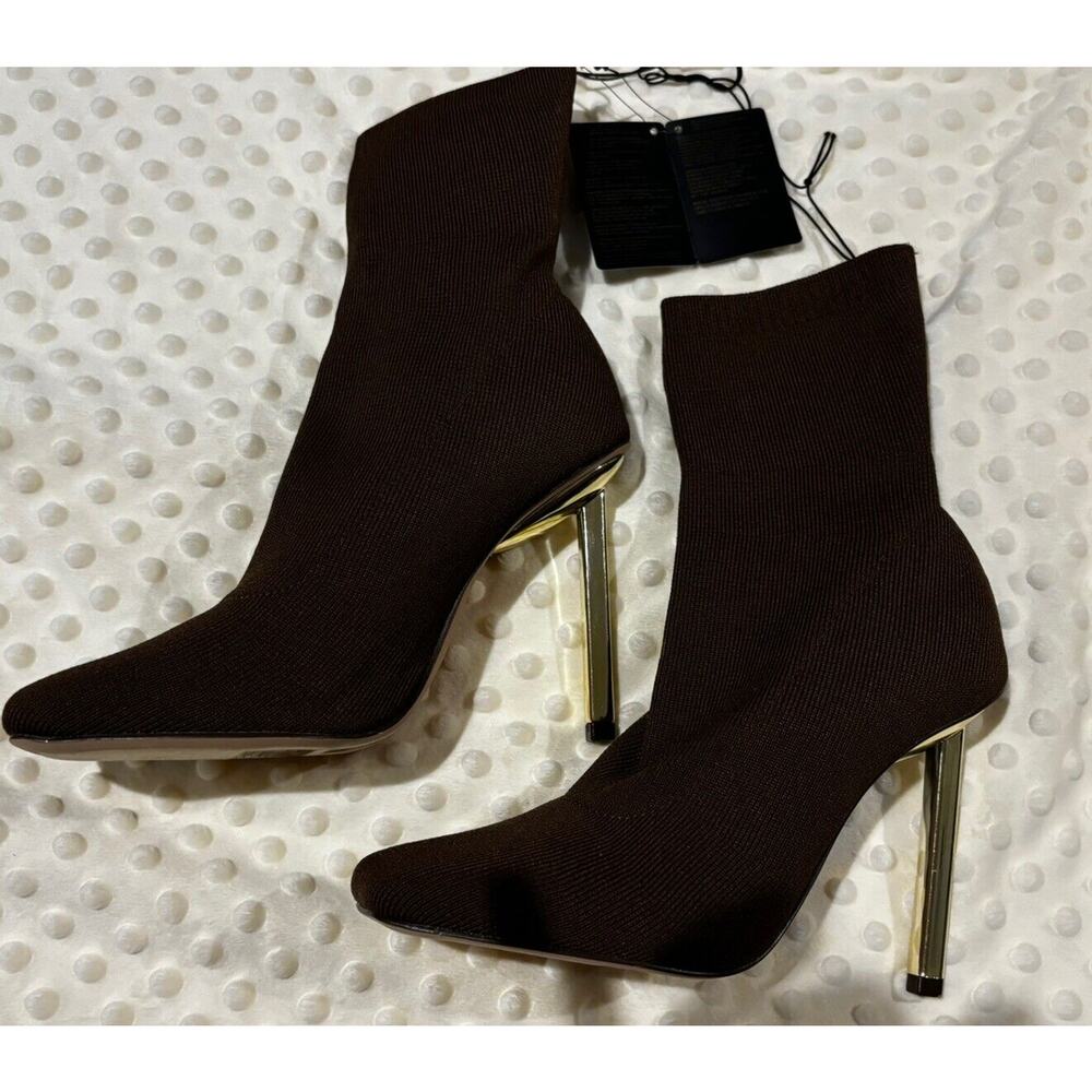 Stiletto‎ Sock Booties Boots Brown Gold Heels Sz 7 New Chic Retro festival